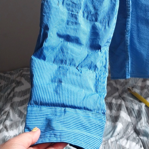 Motorgear Men's Size XL Button Up  Striped Blue Long Roll-up Sleeve Tab Shirt - Picture 2 of 9